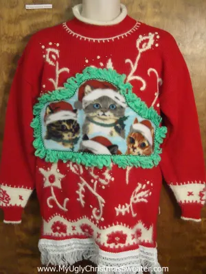 Red and White Patterned with Kittens Ugly Christmas Sweater