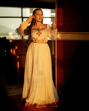 Regal Look with Colorful Habesha Dress: Amazing Cross Shaped Embroidery Traditional Ethiopian Dress Pleasant Ethiopian Wedding Dress