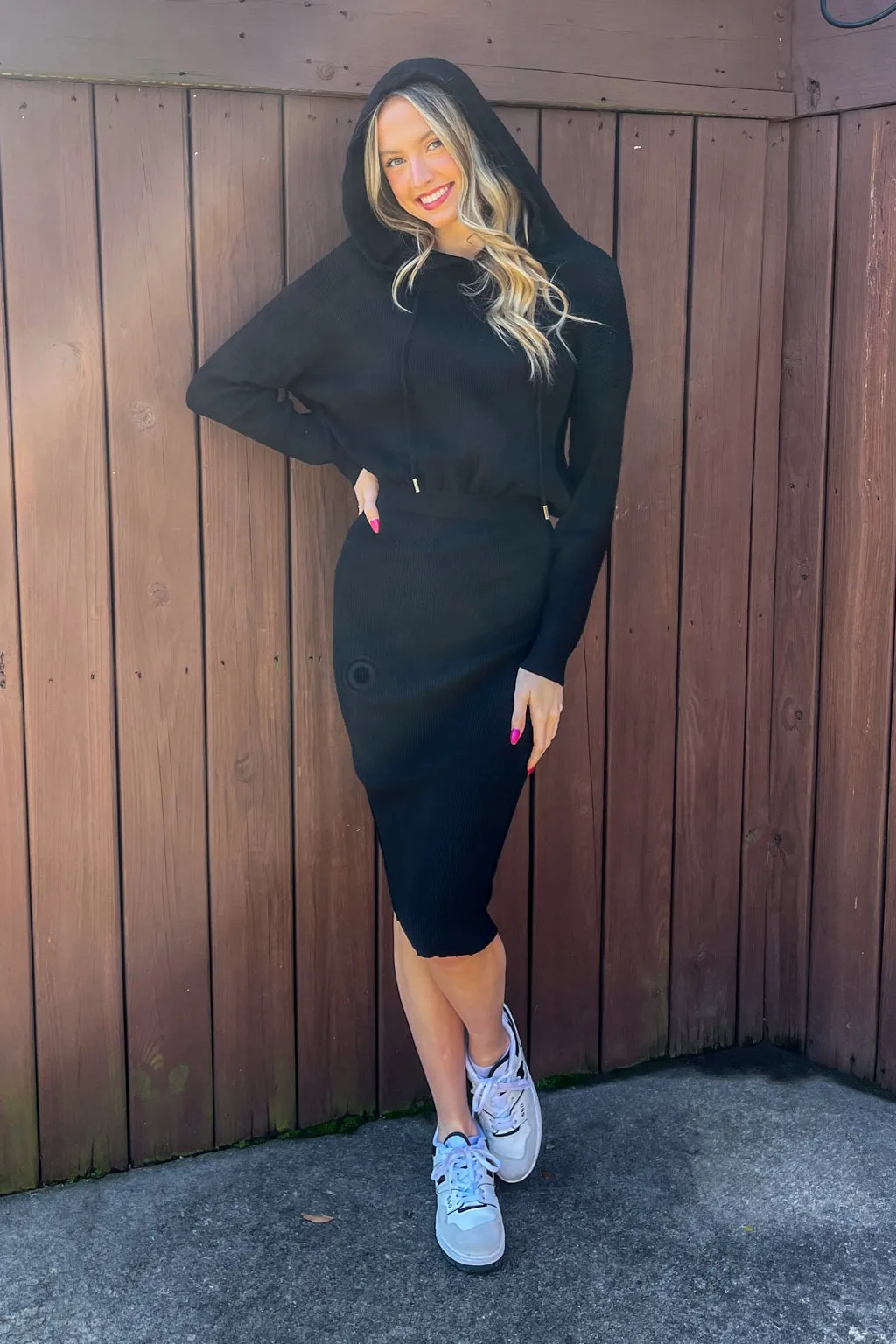 Ribbed Sweater Hoodie Dress-Black