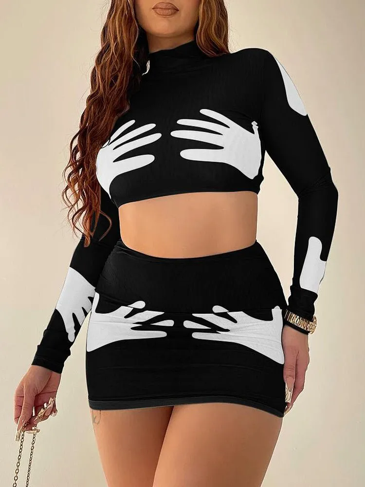 Sets Slim Printed Cropped Top Mini Skirt Two Piece Set for Women