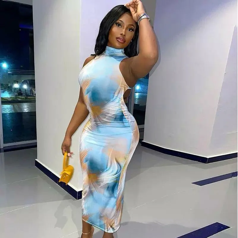Sexy Backless Printing Turtleneck Dress