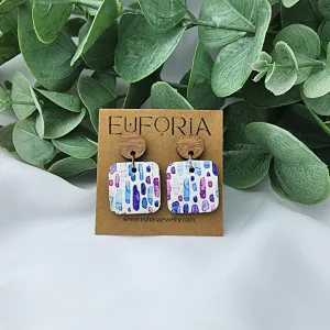 Small Square Cork Over Leather Earrings - Blue & Purple Watercolor Dashes