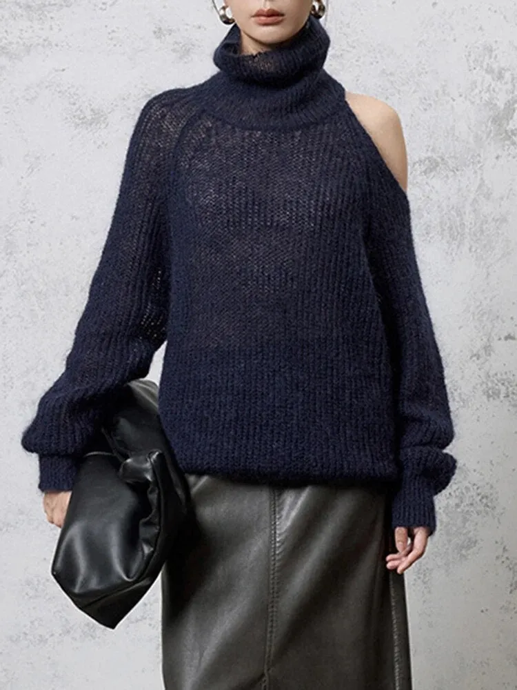 Solid Casual Loose Knitting Sweaters For Women Turtleneck Long Sleeve Off Shoulder Minimalist Sweater Female