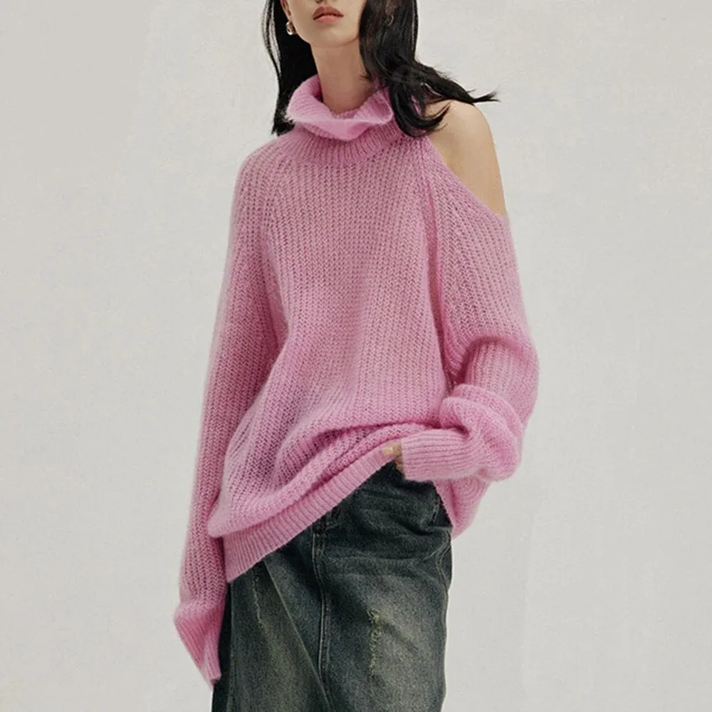 Solid Casual Loose Knitting Sweaters For Women Turtleneck Long Sleeve Off Shoulder Minimalist Sweater Female