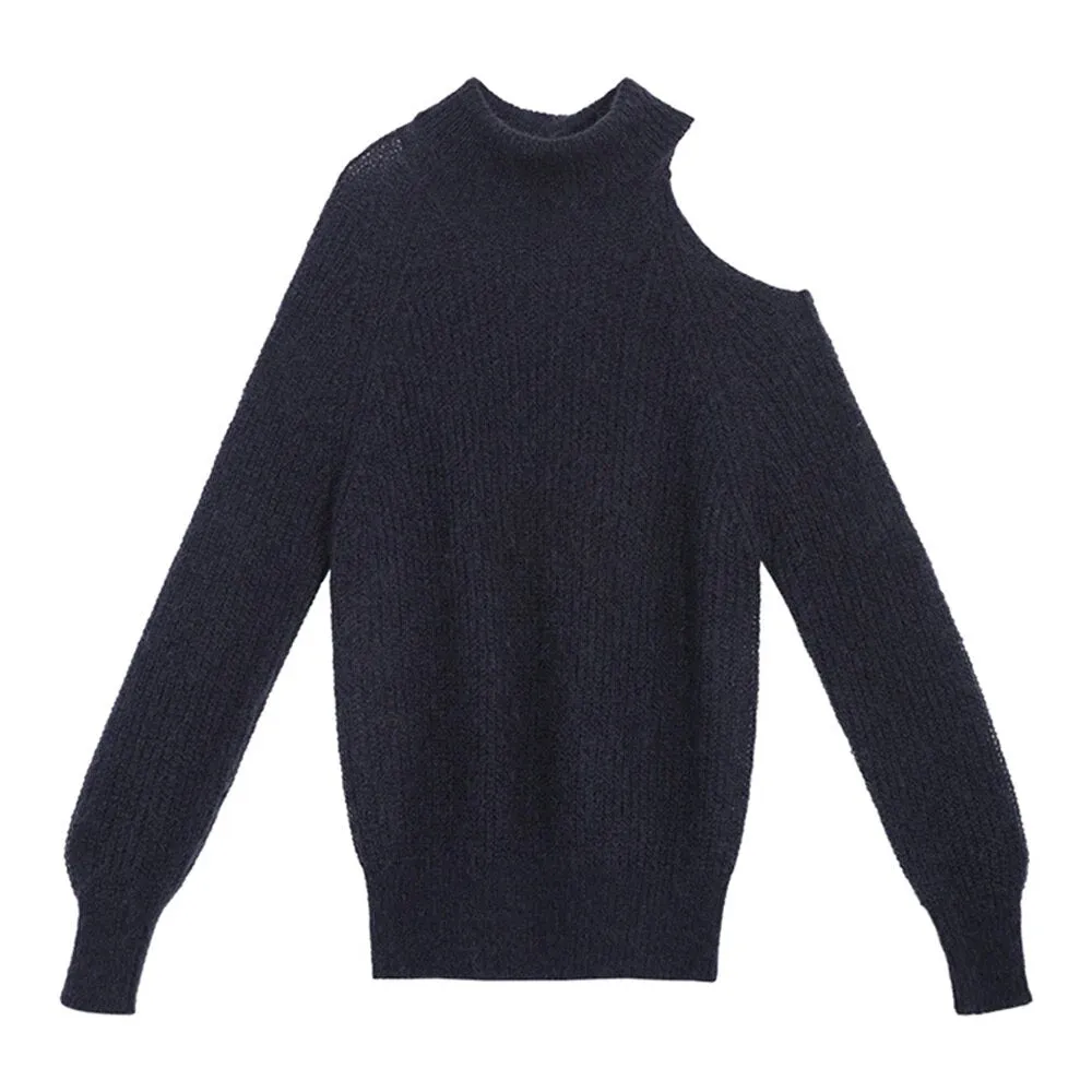 Solid Casual Loose Knitting Sweaters For Women Turtleneck Long Sleeve Off Shoulder Minimalist Sweater Female