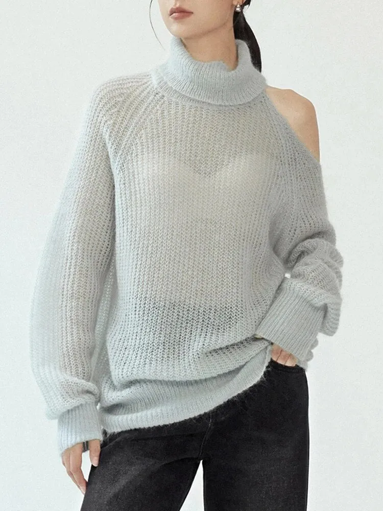 Solid Casual Loose Knitting Sweaters For Women Turtleneck Long Sleeve Off Shoulder Minimalist Sweater Female