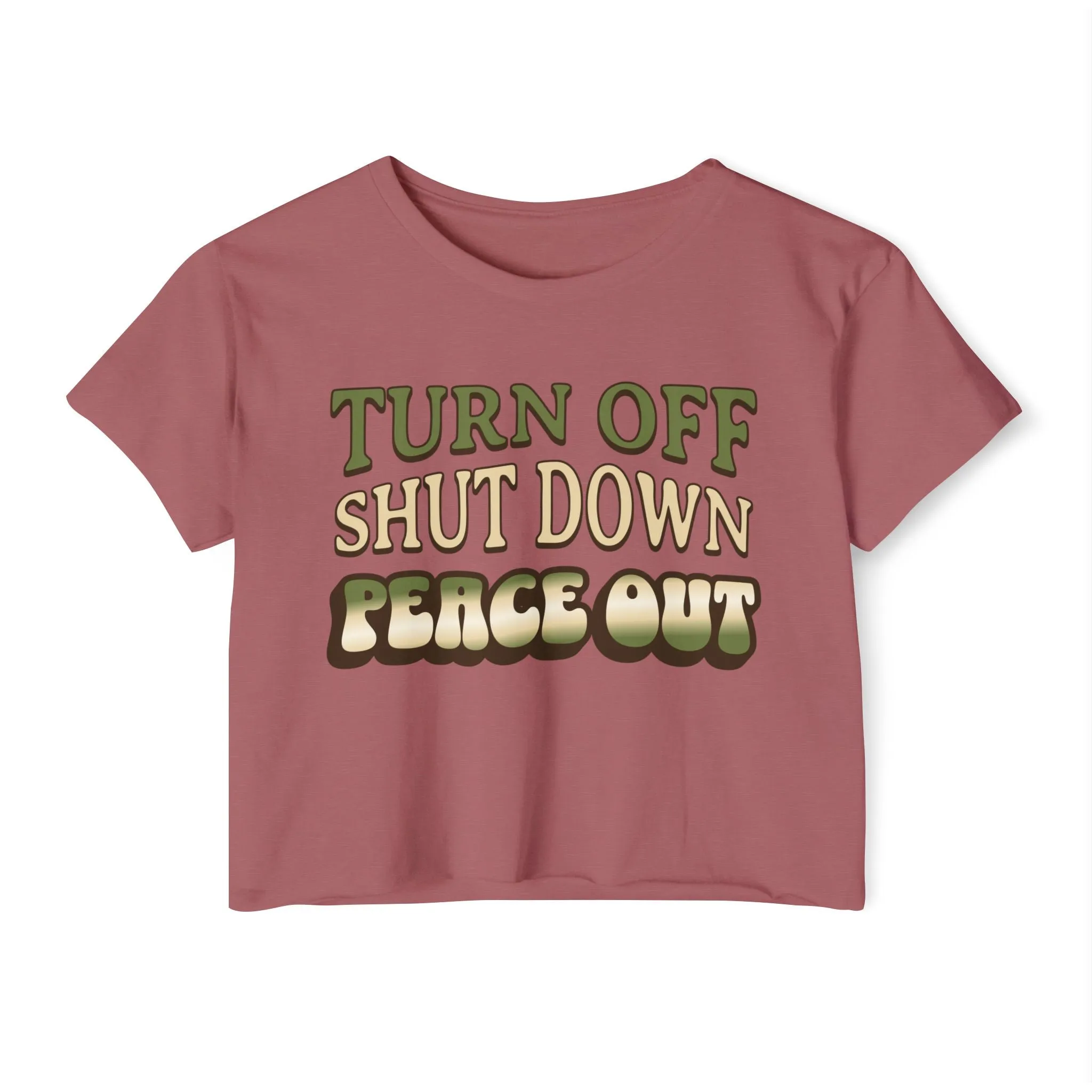 Turn off, shut down, peace out! Cute crop tee in natural colors
