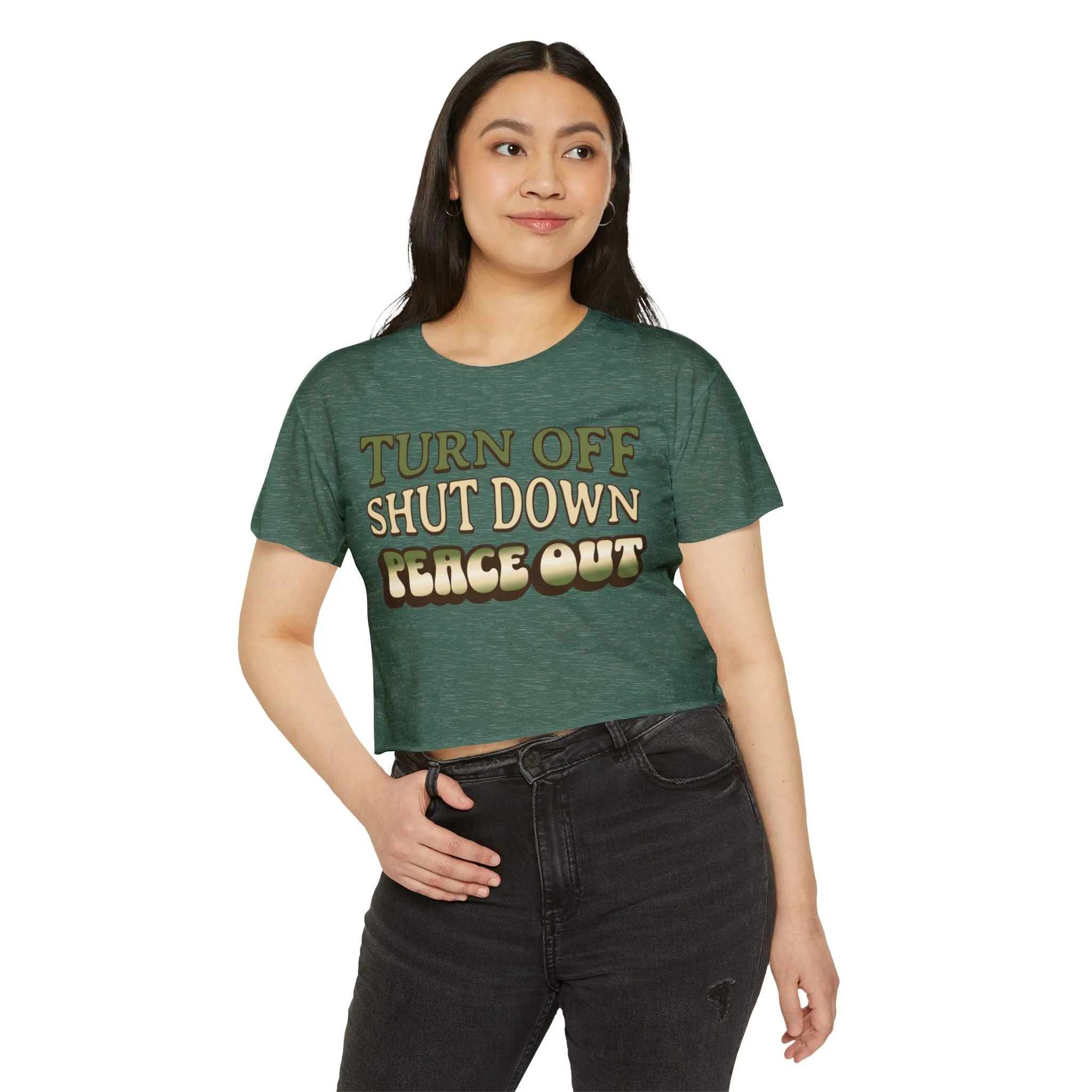 Turn off, shut down, peace out! Cute crop tee in natural colors