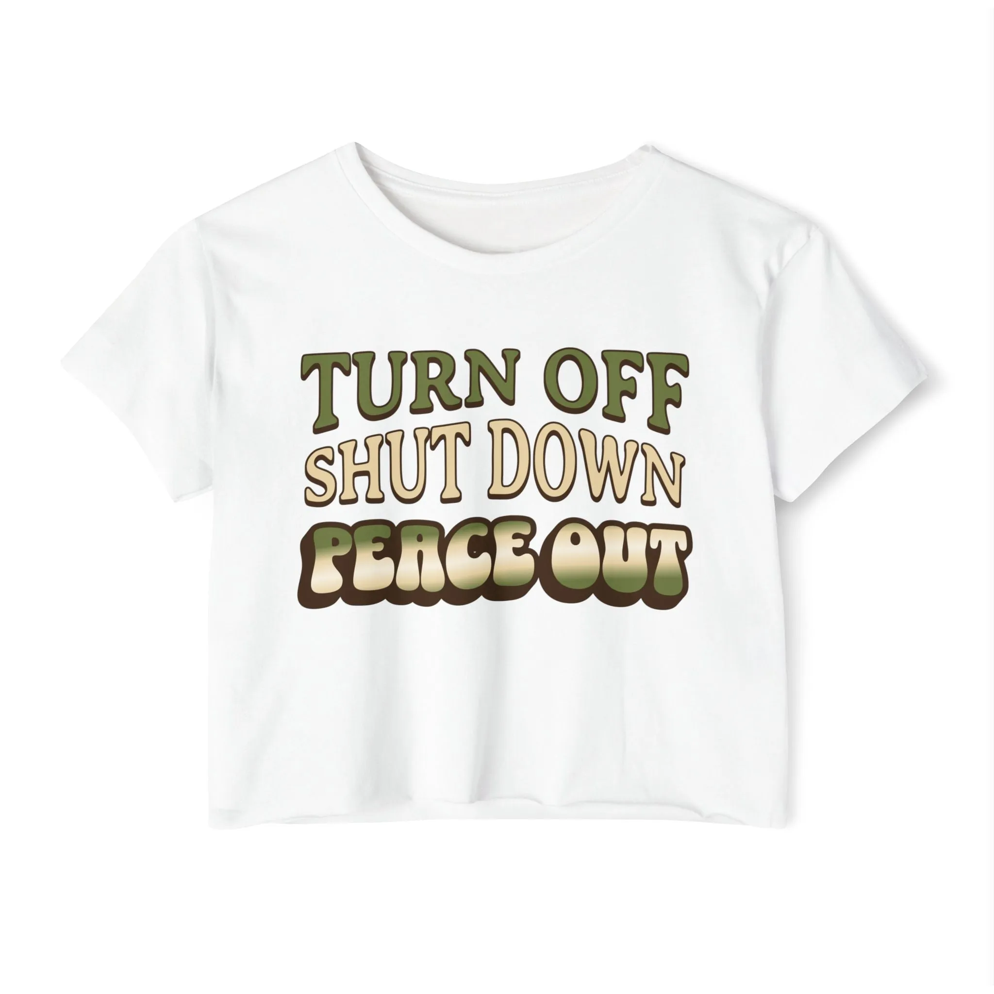 Turn off, shut down, peace out! Cute crop tee in natural colors