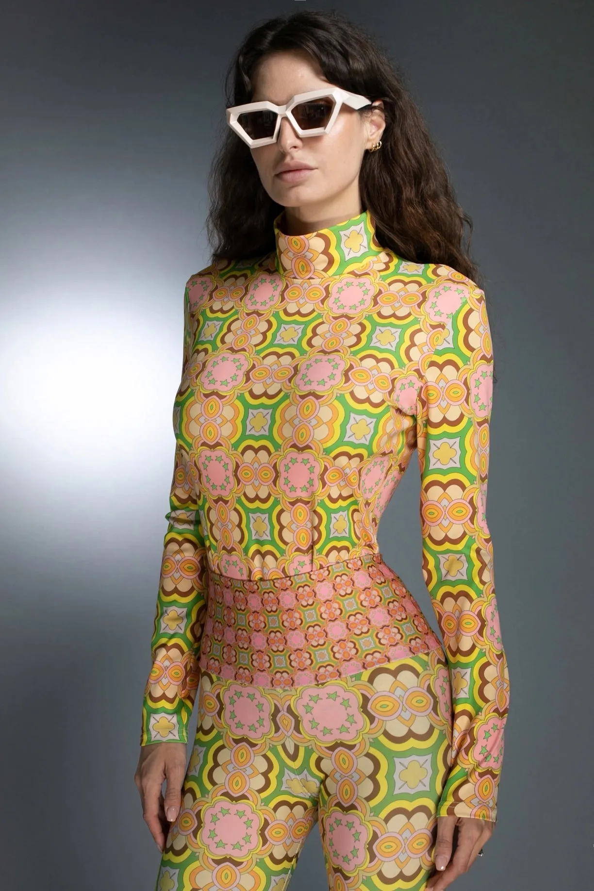 Turtleneck Long Sleeve 60'S Pastel Pink Retro Print Bodysuit