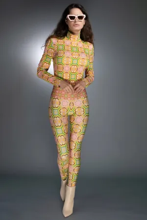 Turtleneck Long Sleeve 60'S Pastel Pink Retro Print Bodysuit