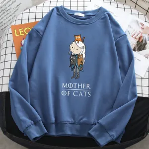 Winter Fashion Pullover For Women Cartoons Mother Of Cats Print Hoody Warm Crewneck Sweatshirt Loose Fleece Female Streetwear