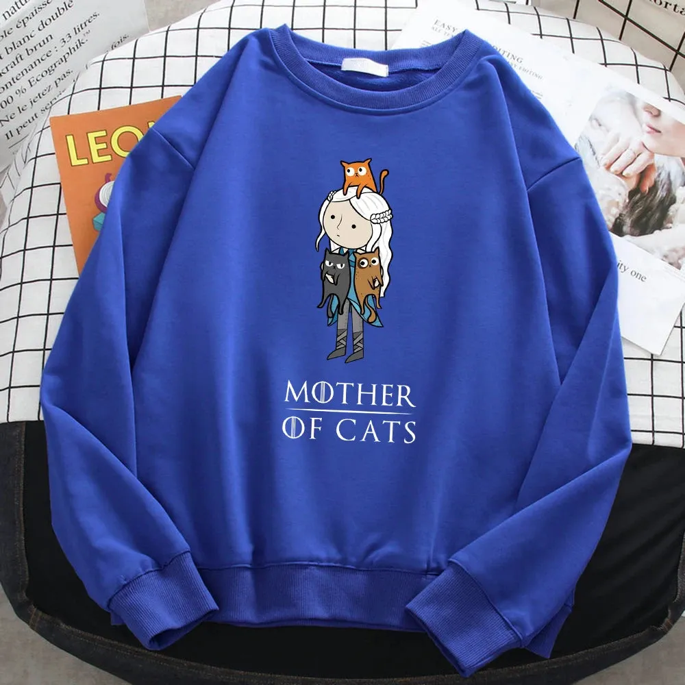 Winter Fashion Pullover For Women Cartoons Mother Of Cats Print Hoody Warm Crewneck Sweatshirt Loose Fleece Female Streetwear