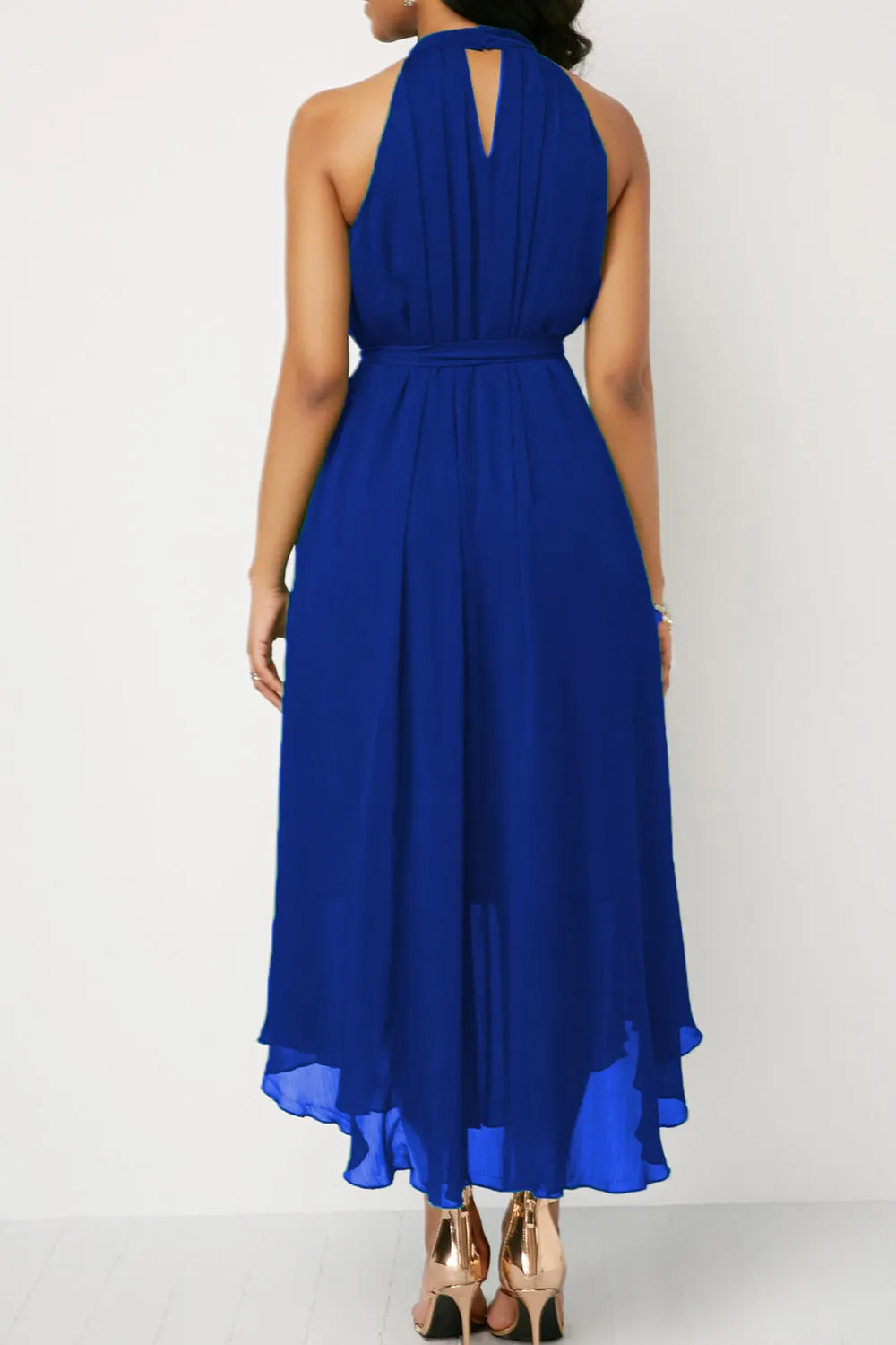 Women Solid Colored Thin Ventilated Halter Neck Thin Mesh Skirt Elegant Chiffon Dress - C409ZWD