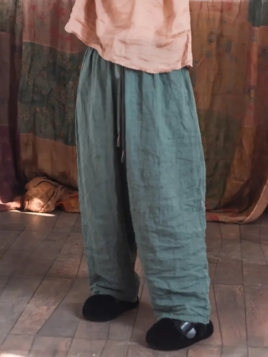 Women Solid Worn Linen Loose Pants