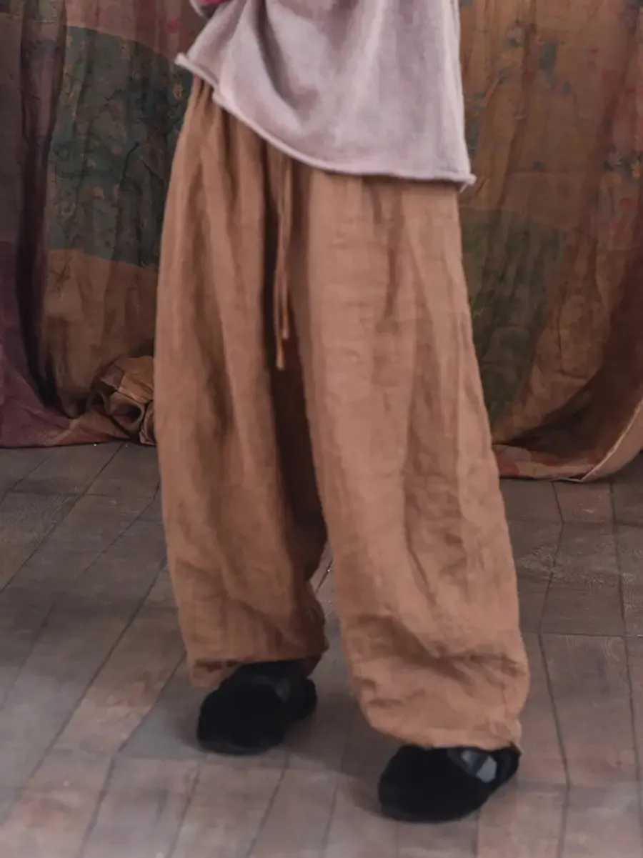 Women Solid Worn Linen Loose Pants