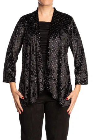 Women's Jacket Black velvet With Glitter Quality Stretch Fabric Washable Comfort Easy Care Design Sizes S-XLARGE On Sale Quality Made In Canada Exclusive at Yvonne Marie Boutiques