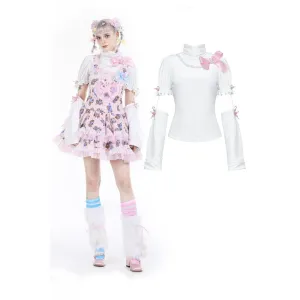 Women's Lolita Turtleneck Pearl Bowknot Shirt with Oversleeves