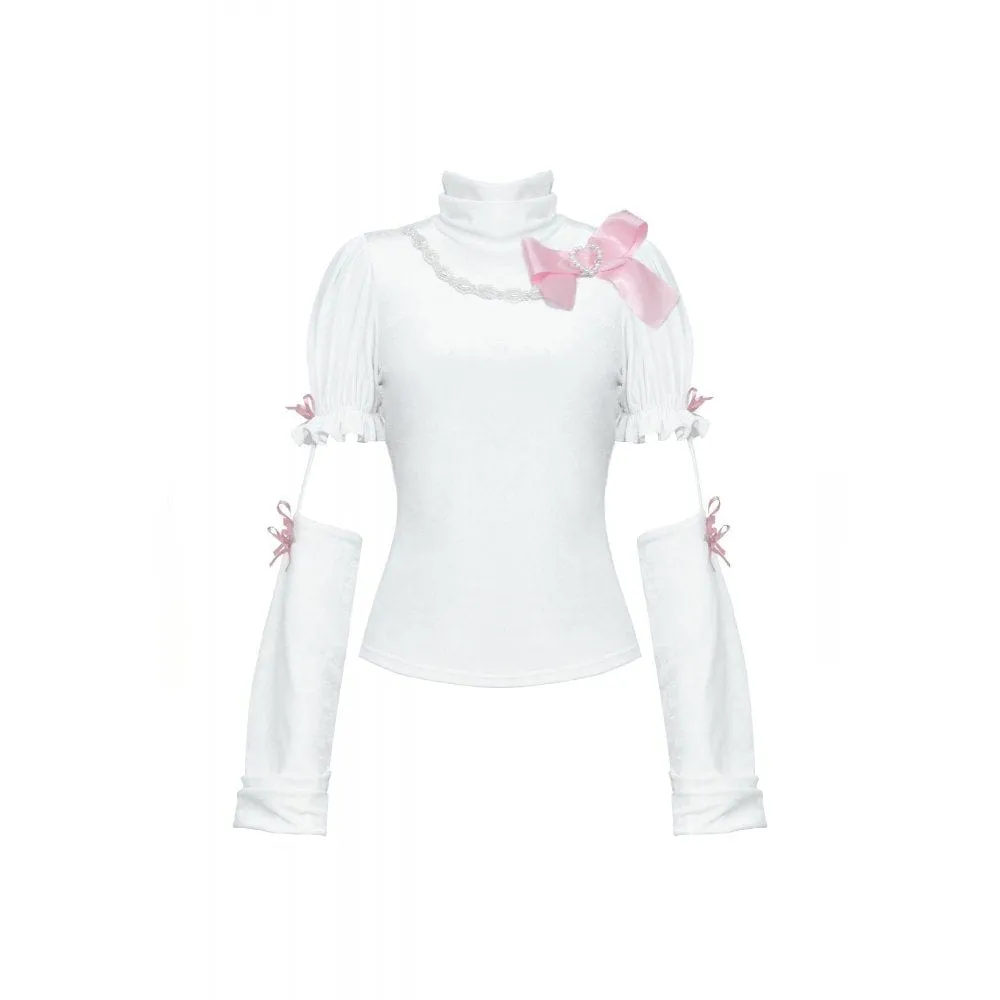 Women's Lolita Turtleneck Pearl Bowknot Shirt with Oversleeves