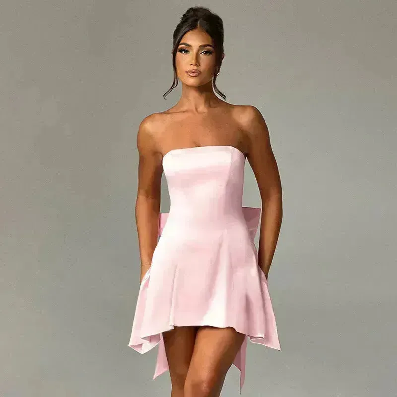 Women's Mini Tube Dress With Big Bow Summer Fashion Tube Top Short Skater Dress.