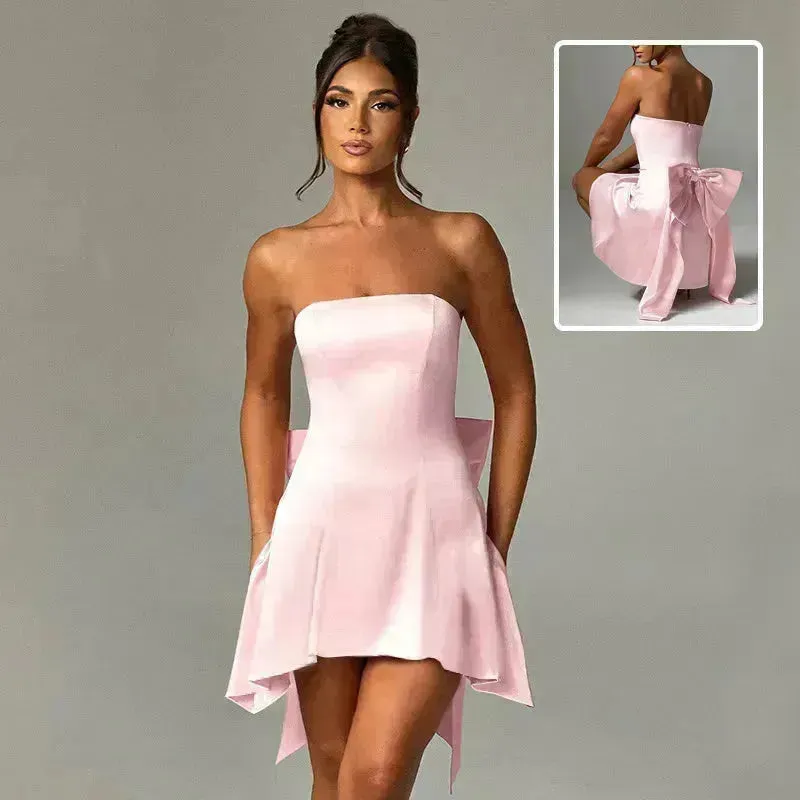Women's Mini Tube Dress With Big Bow Summer Fashion Tube Top Short Skater Dress.