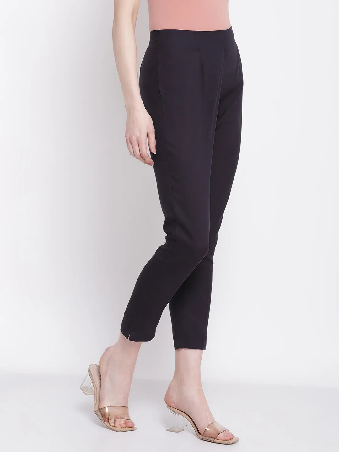 Women's Regular Slim Fit Navy Blue Flat Front Mid rise Ethnic Pant