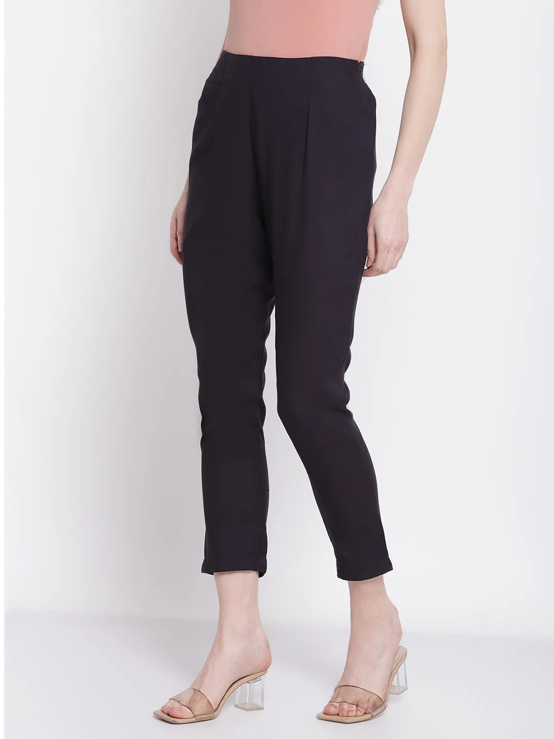Women's Regular Slim Fit Navy Blue Flat Front Mid rise Ethnic Pant