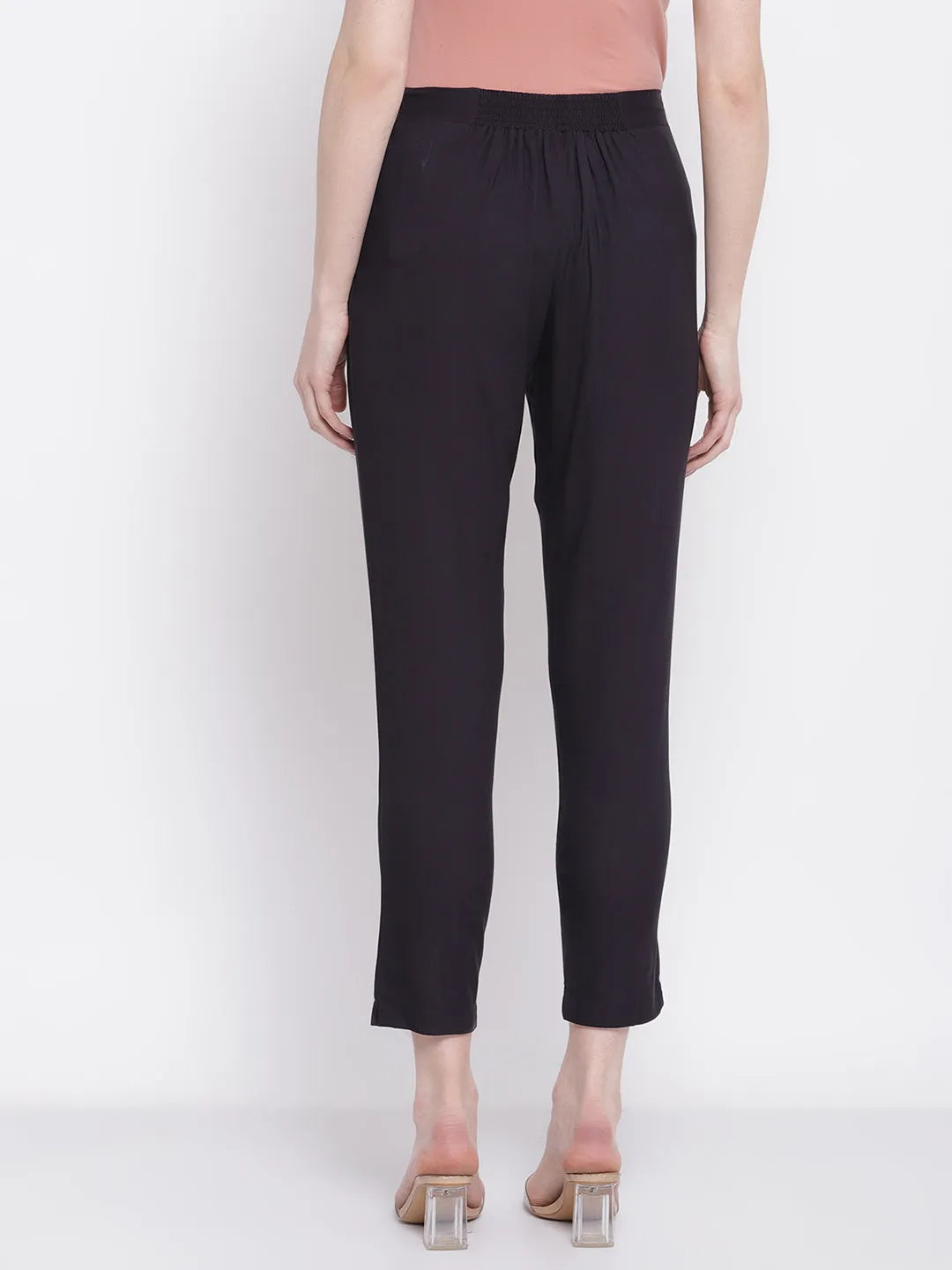 Women's Regular Slim Fit Navy Blue Flat Front Mid rise Ethnic Pant