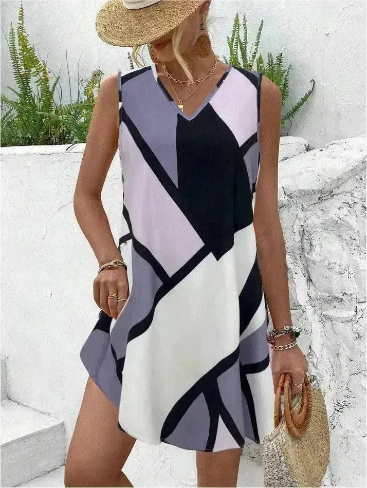 Women's Sleeveless V-neck Printed Loose Mini Dress