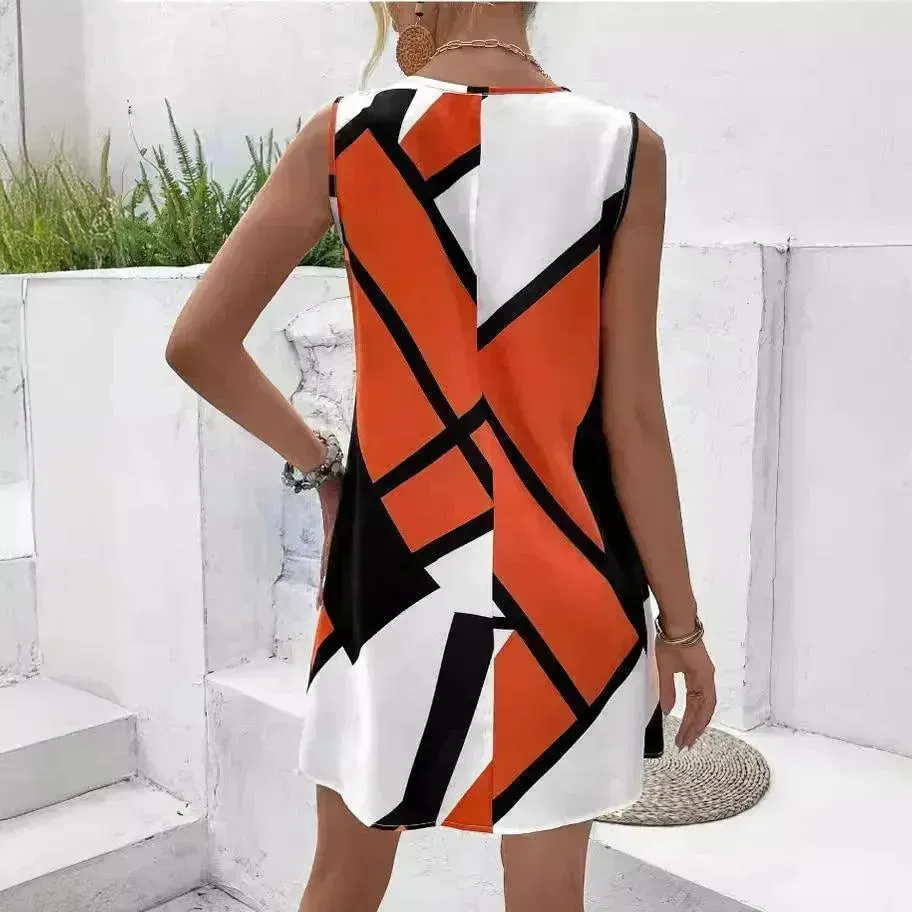 Women's Sleeveless V-neck Printed Loose Mini Dress